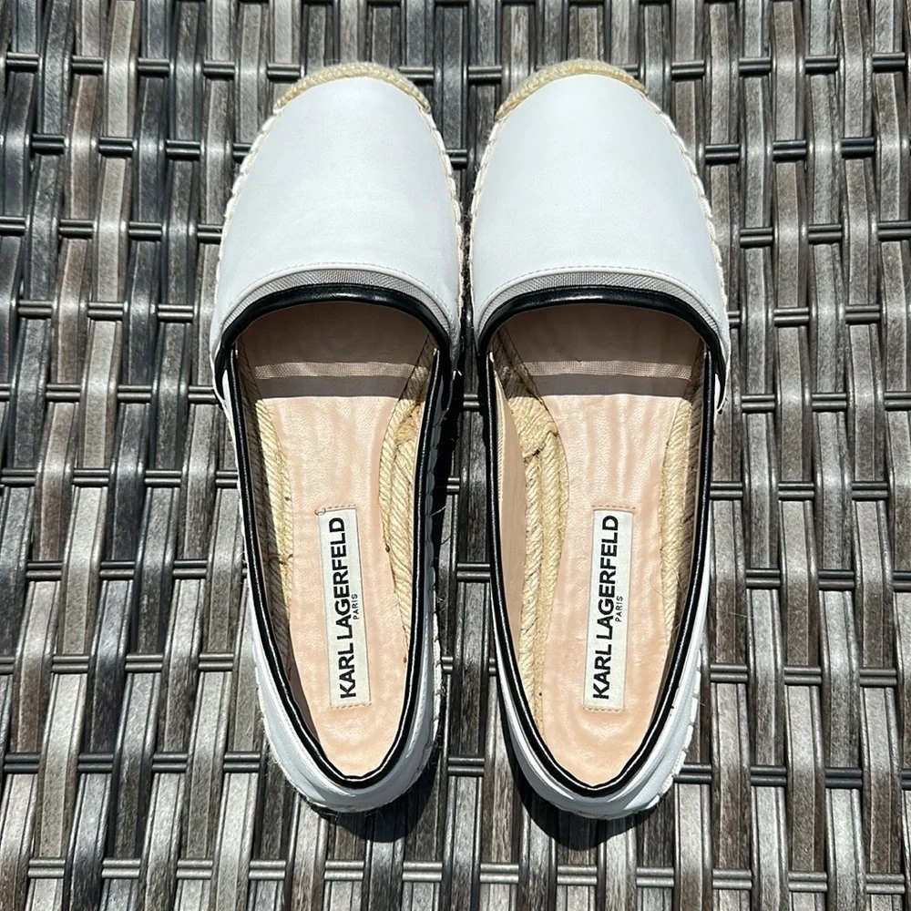 KARL LAGERFELD PARIS Alaine White/Black Nappa Leather Espadrilles
